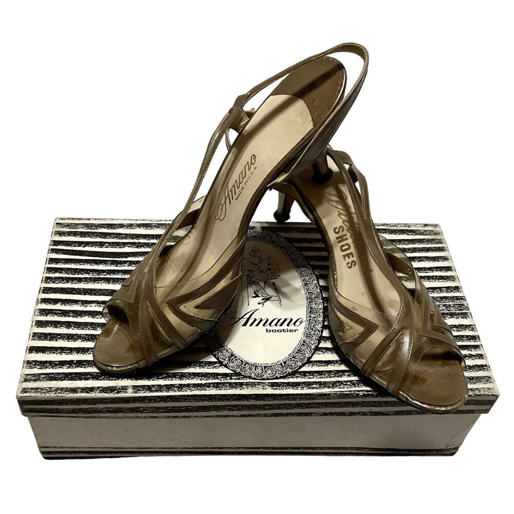 Vintage Amano Tan Leather Dress Heels 8N Peep Toe w/ Box 3" Heel Womens